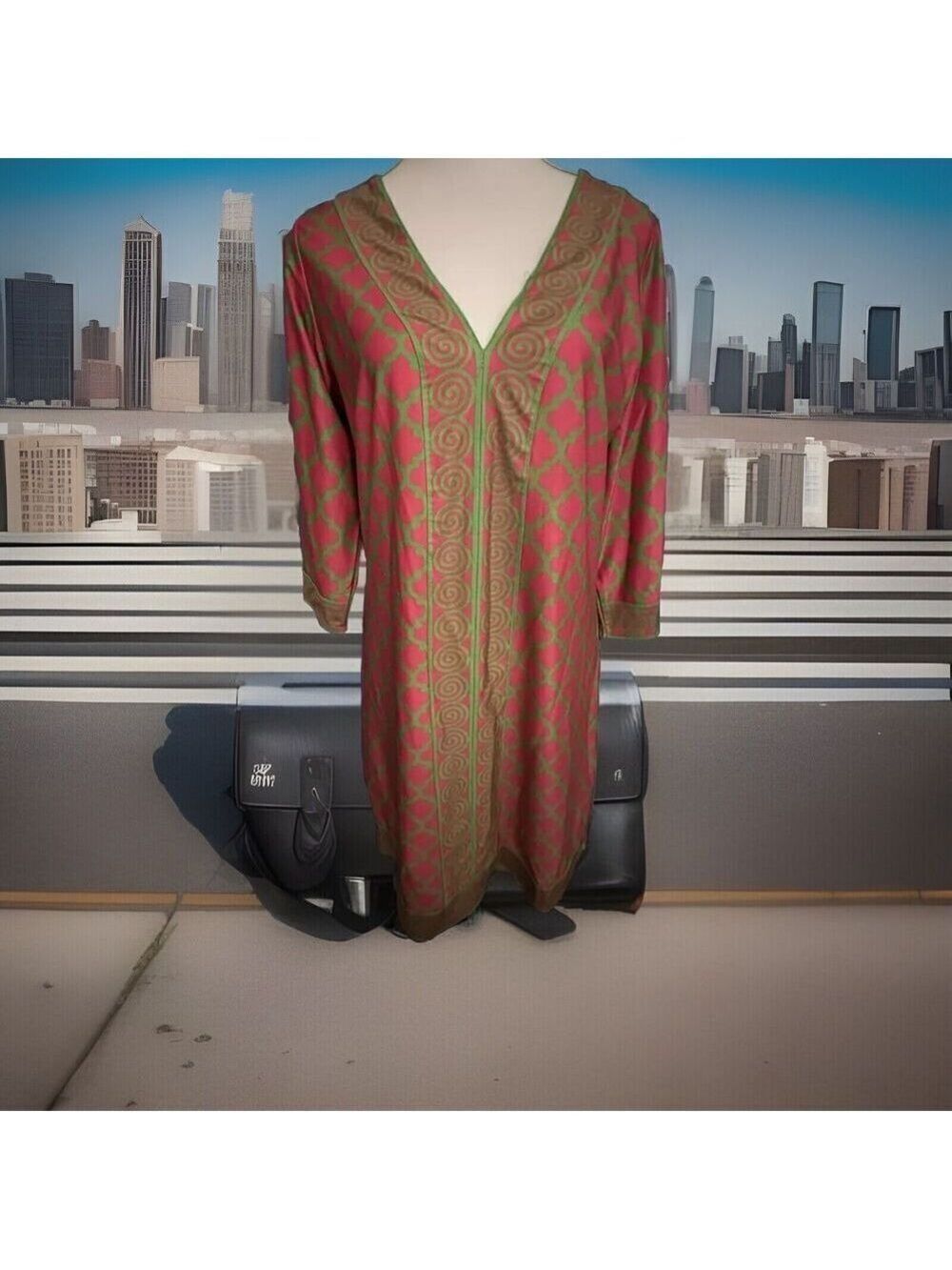Gretchen Scott 3/4 Sleeve Pink & Green Mod Shift Dress Retro 50s 60s 70s SZ Med